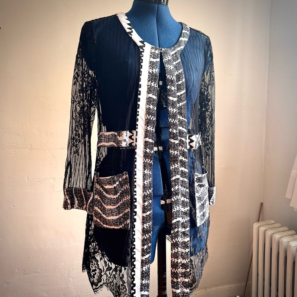 Black Mesh/Lace Lightweight Open Coat with White Trimmings, Duster, Coverup